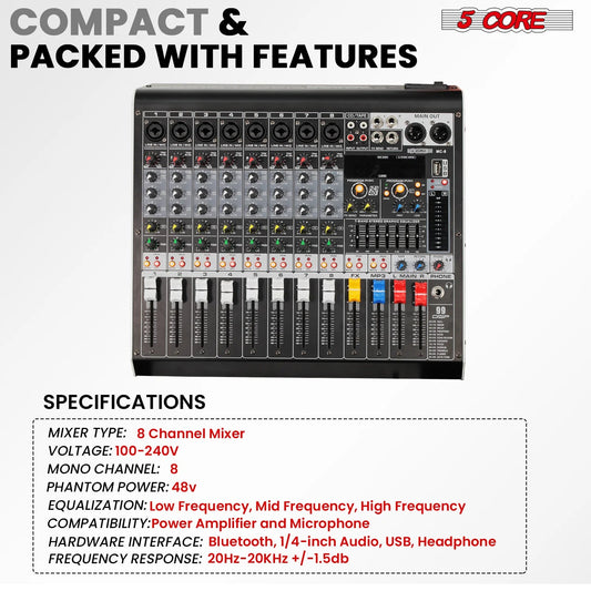 Audio Mixer 8 Channel DJ Equipment with Bluetooth USB Console Sound