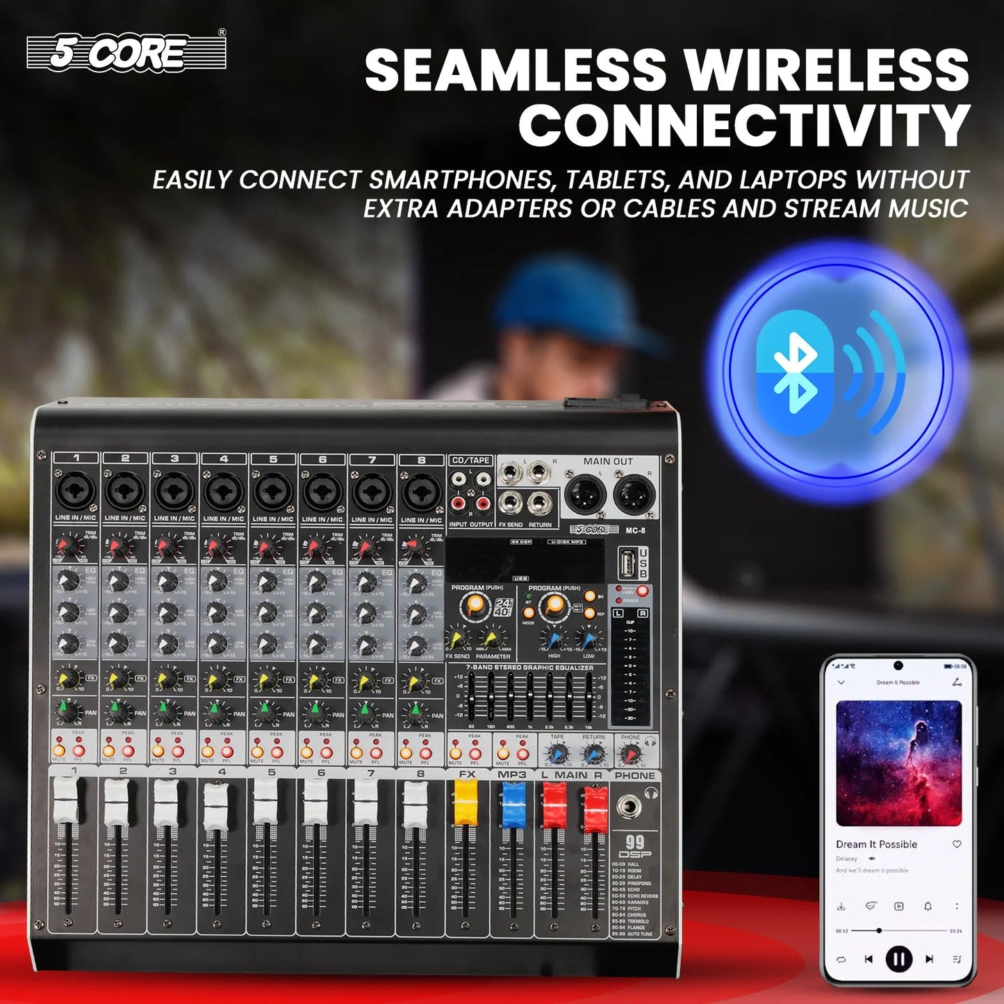 Audio Mixer 8 Channel DJ Equipment with Bluetooth USB Console Sound